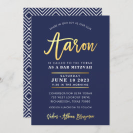 CUSTOM Bar Mitzvah moderne Marine + Goldname AARON Einladung