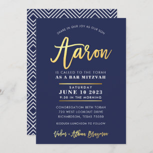 CUSTOM Bar Mitzvah moderne Marine + Goldname AARON Einladung
