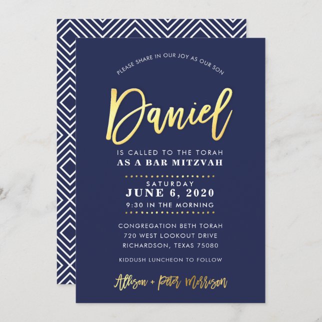 CUSTOM Bar Mitzvah moderne Marine + Goldname DANIE Einladung (Vorne/Hinten)