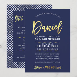 CUSTOM Bar Mitzvah moderne Marine + Goldname DANIE Einladung