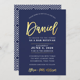 CUSTOM Bar Mitzvah moderne Marine + Goldname DANIE Einladung