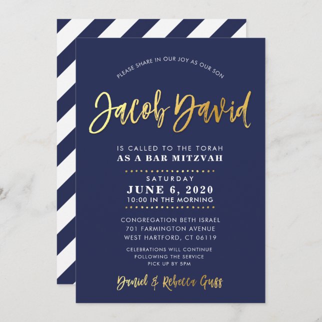 CUSTOM Bar Mitzvah moderne Marine + Goldname JACOB Einladung (Vorne/Hinten)