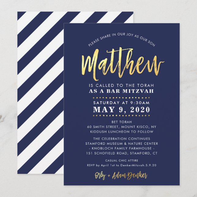 CUSTOM Bar Mitzvah moderne Marine + Goldname MATTH Einladung (Vorne/Hinten)
