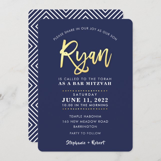 CUSTOM Bar Mitzvah moderne Marine + Goldname RYAN  Einladung (Vorne/Hinten)