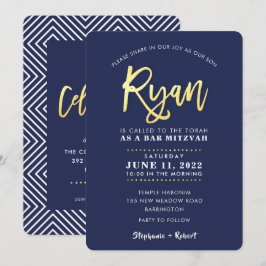 CUSTOM Bar Mitzvah moderne Marine + Goldname RYAN Einladung
