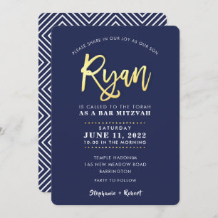 CUSTOM Bar Mitzvah moderne Marine + Goldname RYAN  Einladung