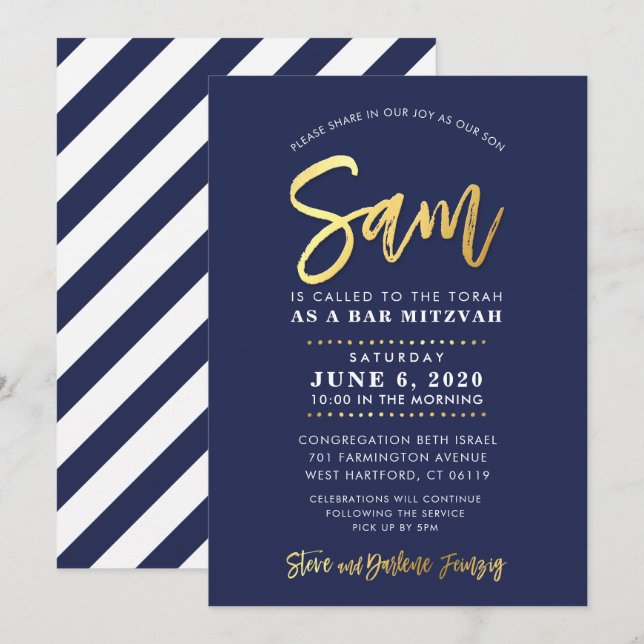 CUSTOM Bar Mitzvah moderne Marine + Goldname SAM Einladung (Vorne/Hinten)