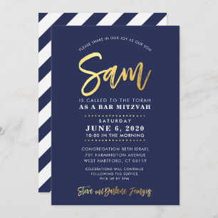 CUSTOM Bar Mitzvah moderne Marine + Goldname SAM Einladung