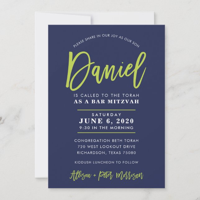 CUSTOM Bar Mitzvah Moderne Marine + Limon DANIEL Einladung (Vorderseite)