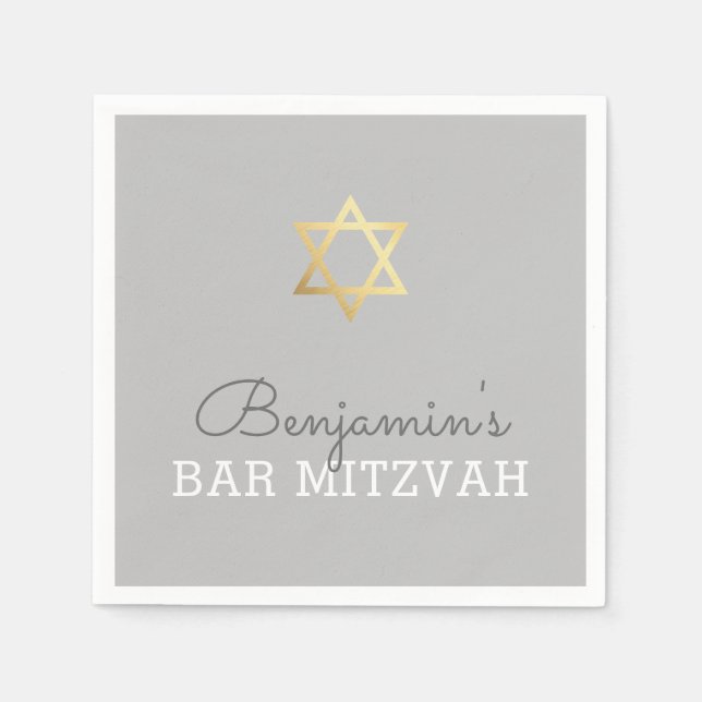 CUSTOM Bar Mitzvah Moderner Goldstar grau Serviette (Vorderseite)