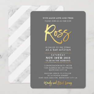 CUSTOM Bar Mitzvah Modernes Grau + Goldskript ROSS Einladung