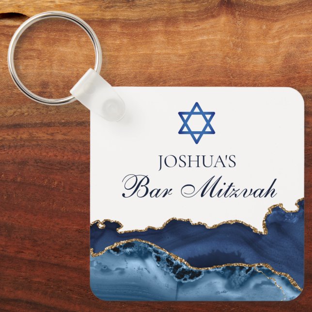 Custom Bar Mitzvah Party Navy Blue Gold Agate Schlüsselanhänger (Vorderseite)