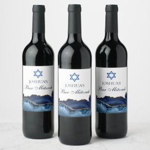 Custom Bar Mitzvah Party Navy Blue Gold Agate Weinetikett