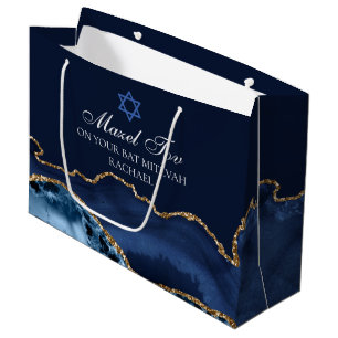 Custom Bar or Bat Mitzvah Mazel Tov Navy Blue Gold Große Geschenktüte