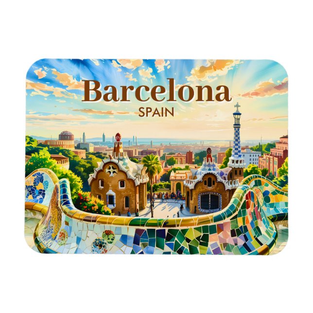 Custom Barcelona Spain Watercolor Park Guell Retro Magnet (Horizontal)