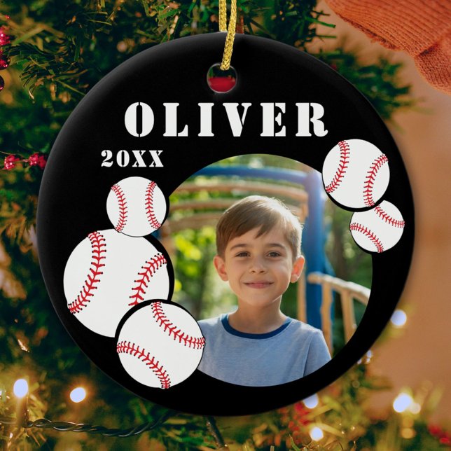Custom Baseball Ball Black Sports Foto Keramik Ornament (Von Creator hochgeladen)
