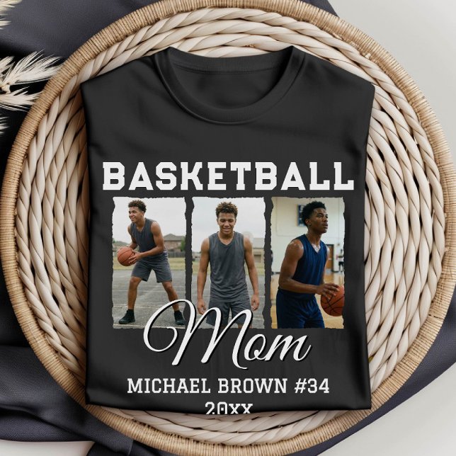 Custom Basketball Mom 3 Photo Collage Name Number T-Shirt (Von Creator hochgeladen)