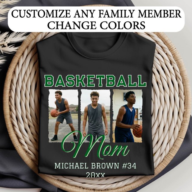 Custom Basketball Mom 3 Photo Collage Name Number T-Shirt (Von Creator hochgeladen)