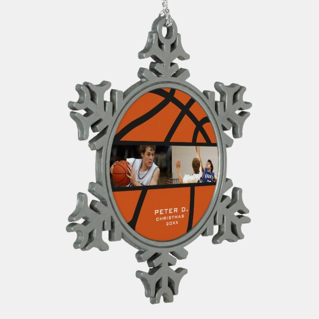 Custom Basketball Personalisiertes Foto Weihnachte Schneeflocken Zinn-Ornament (Links)