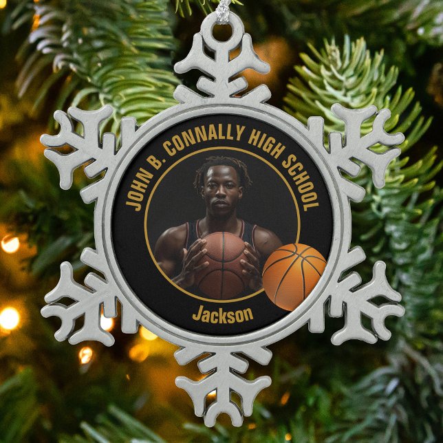 Custom Basketball Player Photo Black Gold Schneeflocken Zinn-Ornament (Von Creator hochgeladen)