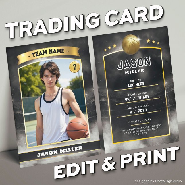 Custom Basketball Trading Card Black Gold Stadium Telefonnummerkarte (Custom Trading Card, Editable Basketball Trading Card, Modern Black Gold Stadium Design)