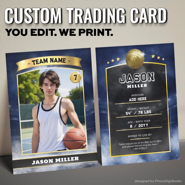 Custom Basketball Trading Card Blue Gold Stadium Telefonnummerkarte (Custom Trading Card, Editable Basketball Trading Card, Modern Blue Gold Stadium Design)