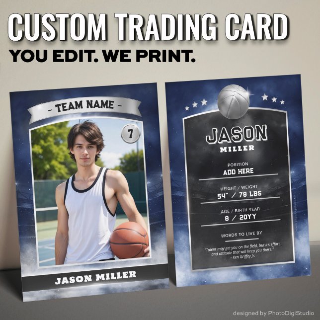Custom Basketball Trading Card Blue Silver Stadium Telefonnummerkarte (Custom Trading Card, Editable Basketball Trading Card, Modern Blue SIlver Stadium Design)