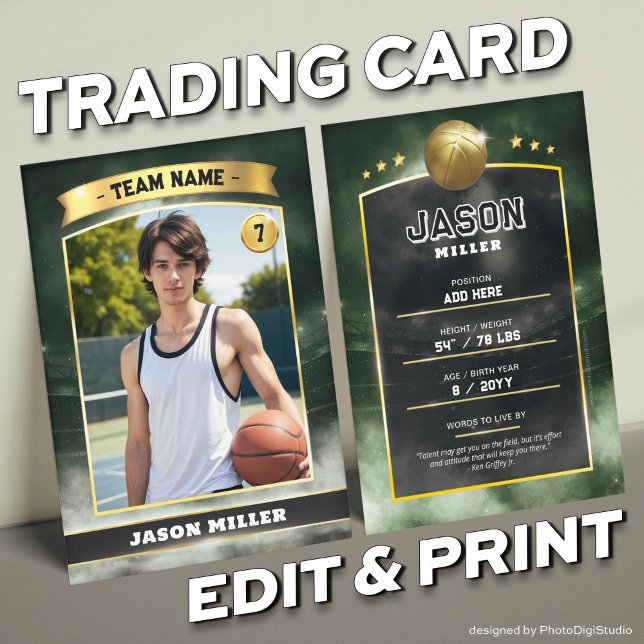 Custom Basketball Trading Card Green Gold Stadium Telefonnummerkarte (Custom Trading Card, Editable Basketball Trading Card, Modern Green Gold Stadium Design)