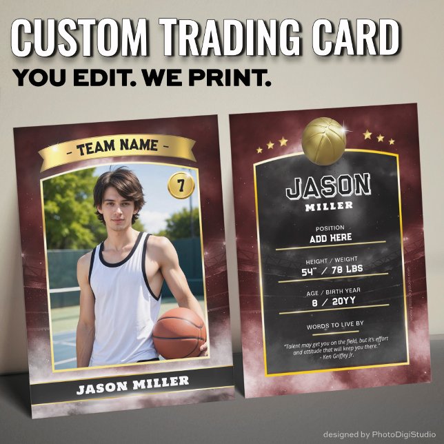 Custom Basketball Trading Card Red Gold Stadium Telefonnummerkarte (Custom Trading Card, Editable Basketball Trading Card, Modern Red Gold Stadium Design)