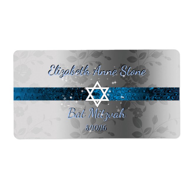 Custom, Bat Mitzvah, Blue & Silver, Water Flasche (Vorne)