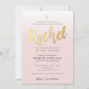 CUSTOM Bat Mitzvah Invasion blassrosa Gold RACHEL Einladung