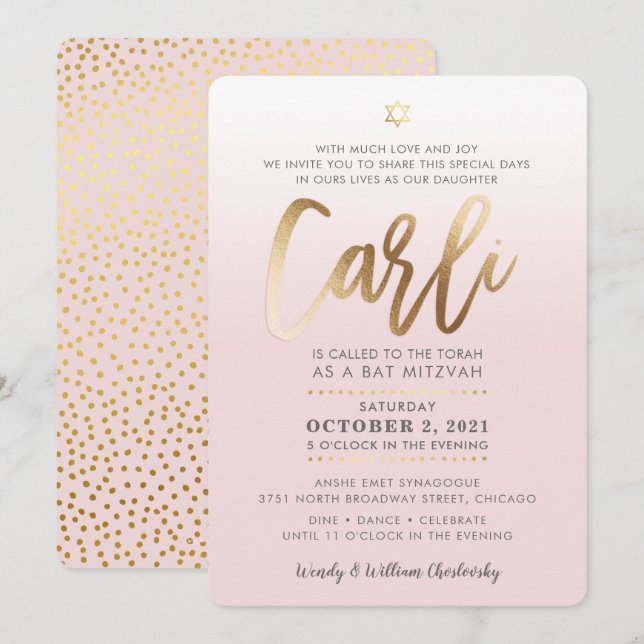 CUSTOM Bat Mitzvah Invite blassrosa gold CARLI Einladung (Vorne/Hinten)