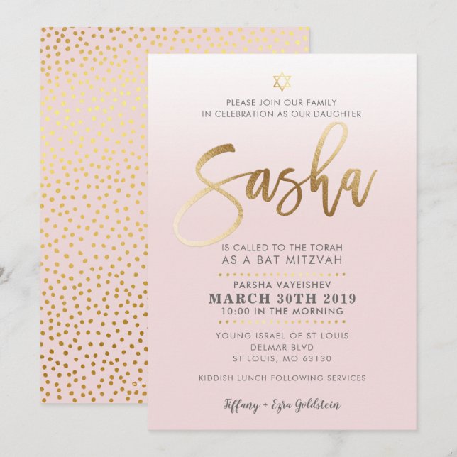 CUSTOM Bat Mitzvah Invite Blassrosa Gold SASHA Einladung (Vorne/Hinten)