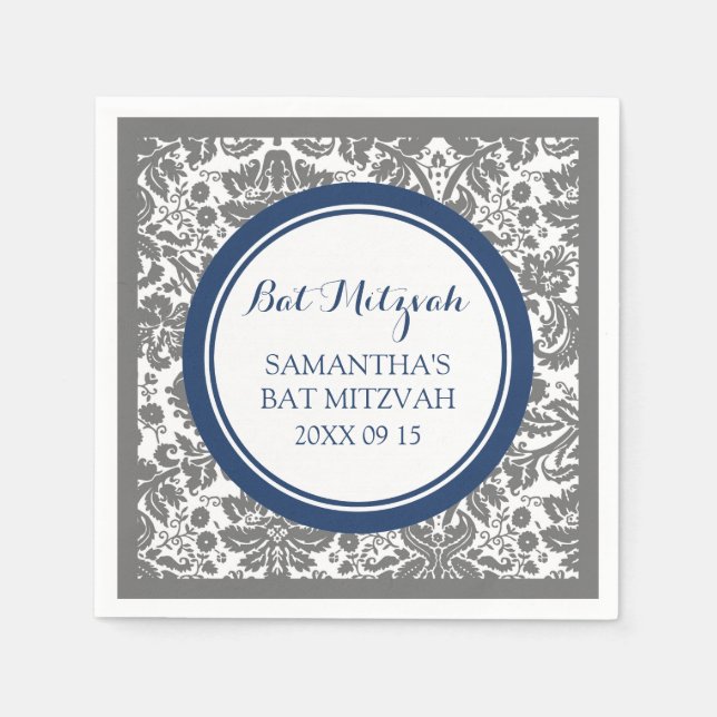 Custom Bat Mitzvah Napkin Grau Blue Damask Serviette (Vorderseite)