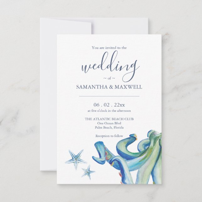 Custom Beach Hochzeit Einladungskarten Blue Octopu (Vorderseite)