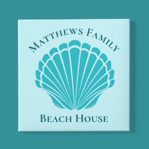 Custom Beach House Aqua Seashell Monogram Zuhause Künstlicher Leinwanddruck