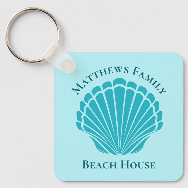 Custom Beach House Aqua Seashell Monogram Zuhause Schlüsselanhänger (Vorderseite)
