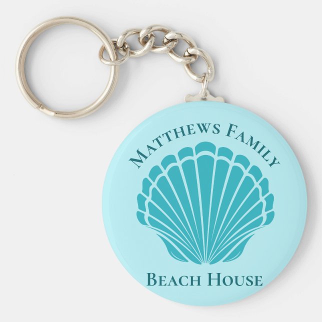 Custom Beach House Aqua Seashell Monogram Zuhause Schlüsselanhänger (Vorne)