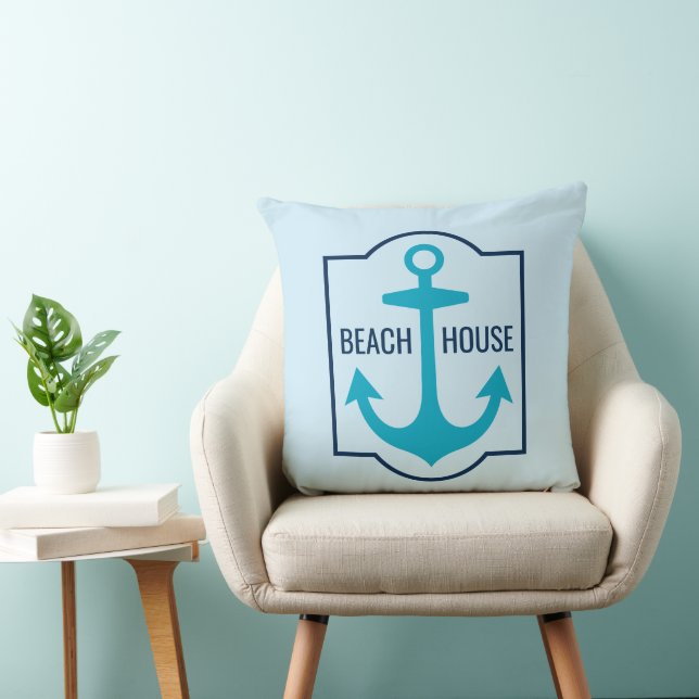 Custom Beach House Aquamarin und Navy Blue Anchor Kissen (Stuhl )