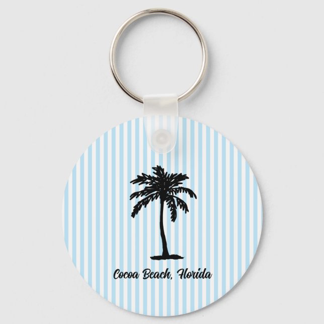 Custom Beach Palm Tree Nautical Blue Stripe Schlüsselanhänger (Vorderseite)
