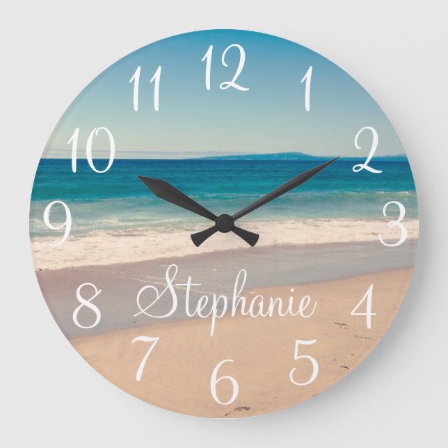 Custom Beach Photo and Text Große Wanduhr (Vorderseite)
