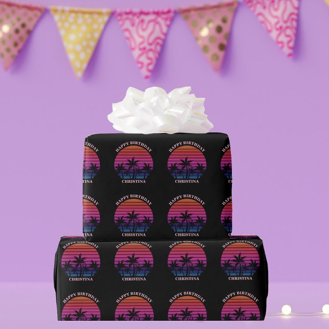 Custom Beach Sunset Palm Trees Birthday Geschenkpapier (Von Creator hochgeladen)