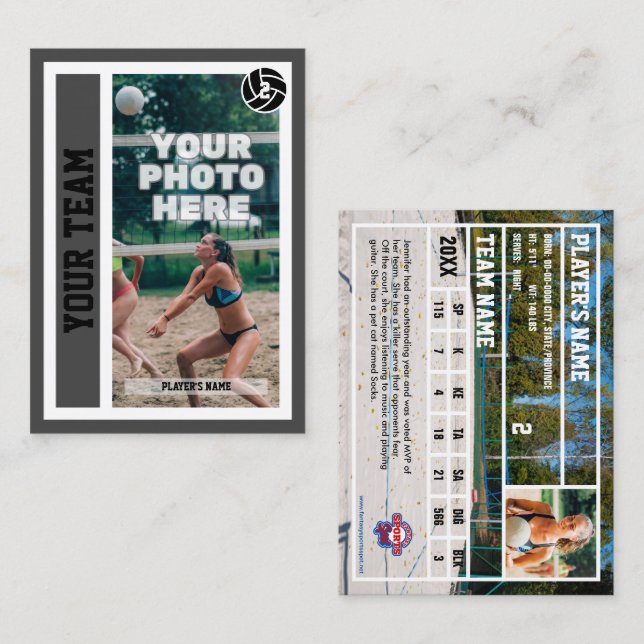 Custom Beach Volleyball Trading Card (Dunkelgrau) Telefonnummerkarte (Vorne/Hinten)