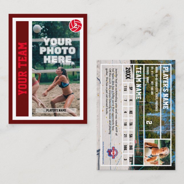 Custom Beach Volleyball Trading Card (Dunkelrot) Telefonnummerkarte (Vorne/Hinten)