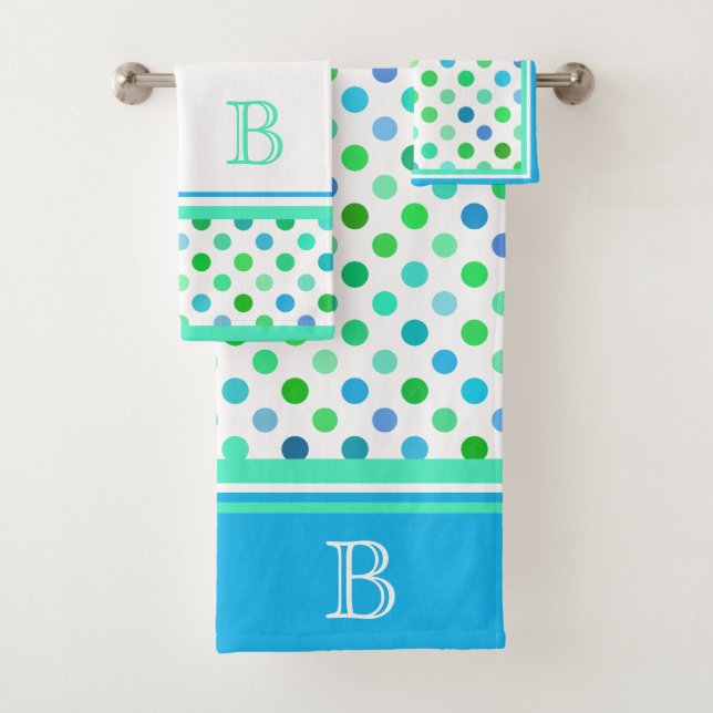 Custom Beachy Azure Blue Lime Green Punkts Art Badhandtuch Set (Insitu)
