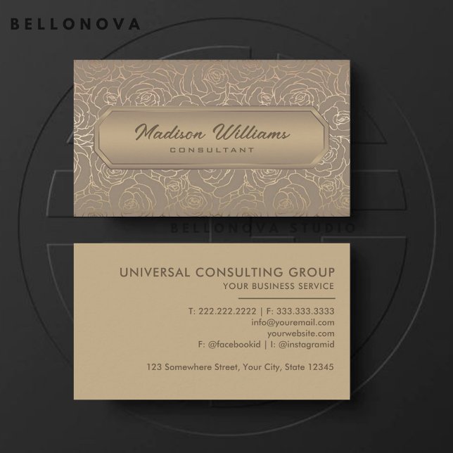Custom Beige Brown Grau Gold Blume Beruflich Visitenkarte (Custom Beige Brown Grey Gold Flowers Professional Business Card)