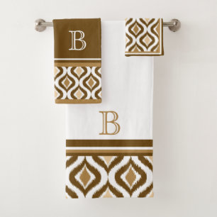 Custom Beige Brown White Retro Chic Ikat Ogee Badhandtuch Set