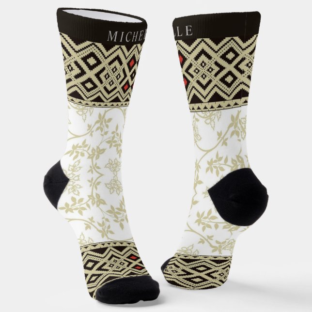 Custom Beige White Gold Red Floral Aztec Muster Socken (Gewinkelt)
