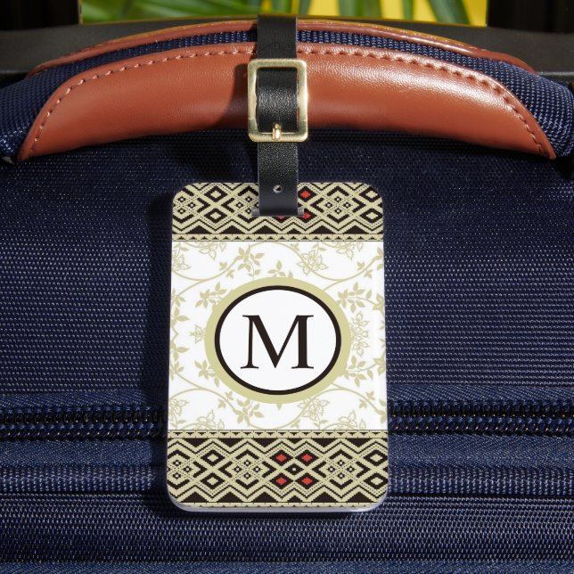 Custom Beige White Gold Schwarz Floral Aztec Muste Gepäckanhänger (Vorderseite Insitu 2)