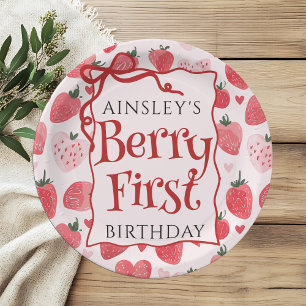 Custom Berry First Coquette Pink Bow 1. Geburtstag Pappteller